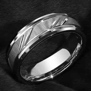 Clássico 8mm prata anéis para homens emaranhados tungstênio prata anel com sulco