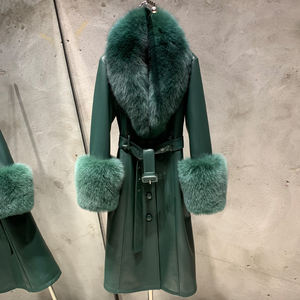 Yüksek kalite uzun kürk ceket koyu yeşil koyun kadınlar için DERİ CEKETLER uzun deri mont - Product Image 1