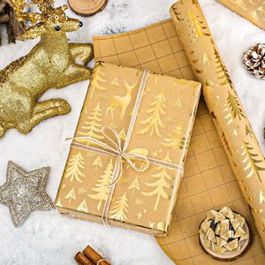 Kraft Christmas <b>Wrapping</b> <b>Paper</b> Roll 17 In X 33 Ft Gold Foil Reindeer Tree Design Recyclable Gift Craft Packaging - Product Image 4