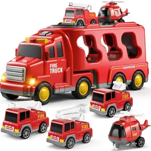 Caminhão de transporte de engenharia inercial 5 em 1 de dois andares, caminhão de brinquedo para crianças, caminhão de bombeiros com 4 peças, mini veículos de bombeiros