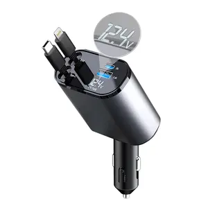 Werkseitiger Schnell versand Auto ladegerät Adapter Schnell ladung 66W 2 Einziehbare Kabel und USB-Anschluss Einziehbares Auto ladegerät