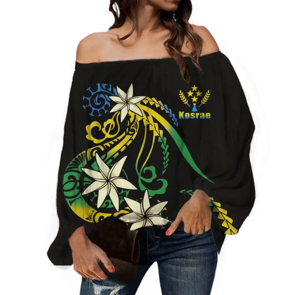 Bulk Custom Polynesian Tribal Floral Korean Blouse For Ladies Sexy Long Sleeve One Shoulder Blouse Summer Casual Chiffon Blouse