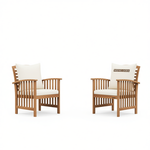 Set di 2 sedie da giardino in legno di acacia con cuscini bianco crema, mobili da esterno in stile contemporaneo con gambe affusolate - Product Image 1