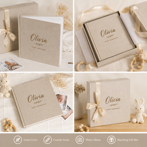 <span class=keywords><strong>Livre</strong></span> de souvenirs pour bébé en lin personnalisé, album photo pour les étapes importantes du nouveau-né avec boîte cadeau assortie, journal souvenir - Product Image 2