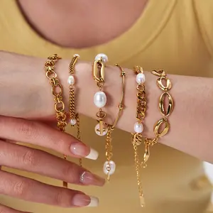 Hot Selling Products 2024 Fashion Jewelry Natrual Freshwater Pearl 18K Gold Plated Stainless Steel Bracelet For Girls