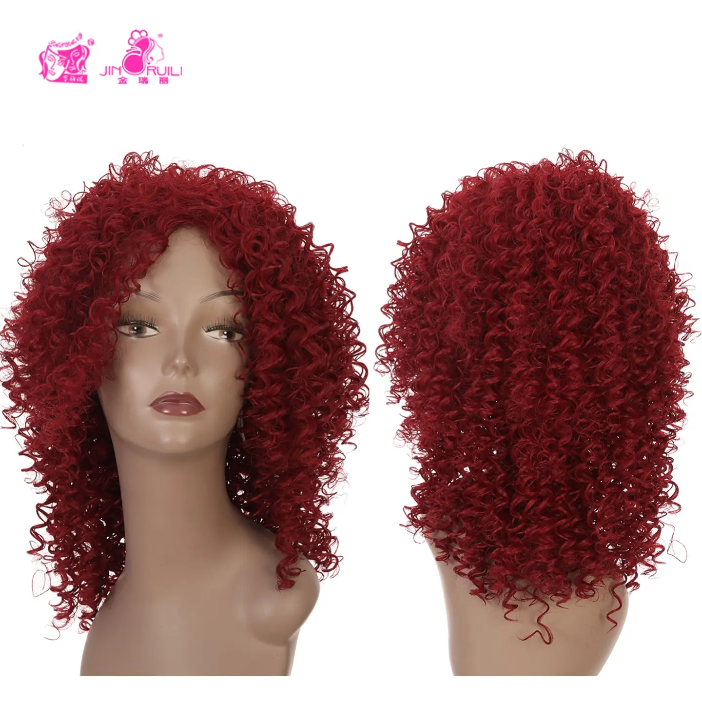 JINRUILI Woman's Mid-Length Kinky Curl Wig New Arrival Wholesale Synthetic Afro Curl Wig in Red French Curl Style Machine Made