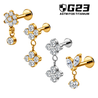 Kaishee Vente en gros Bijou de piercing Labret à dos plat en Titane G23 16G avec pendentif fleur double CZ pour lèvre, hélix, tragus