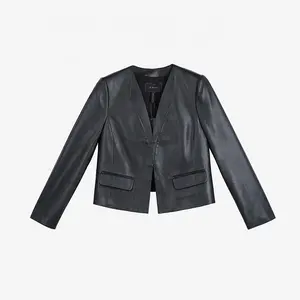 J108 customize low moq odm oem faux leather V neck ribbed back hem short jacket fashion factory
