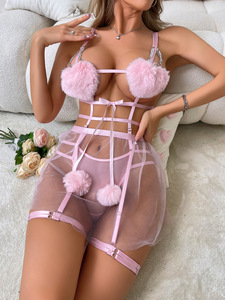 Nuevo conjunto de lencería para mujer con tiras de encaje de malla y detalles de terciopelo, conjunto de falda corta divertida - Product Image 5