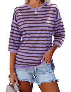 T-shirt décontracté à manches 3/4 pour femmes, plusieurs couleurs, col rond, chemisier uni rayé, doux et confortable, pour un usage quotidien - Product Image 4