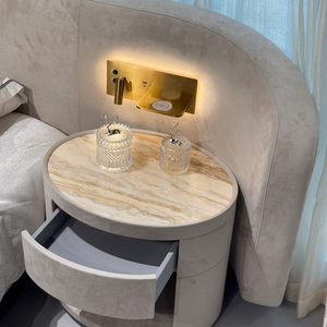 Tête de lit incurvée, lit de luxe moderne pour chambre principale, cadre de lit sur mesure en velours capitonné avec éclairage d'ambiance LED intégré - Product Image 5