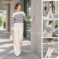 Pull en tricot rayé pour femme, col rond, manches longues, coupe ample, pull décontracté pour femme