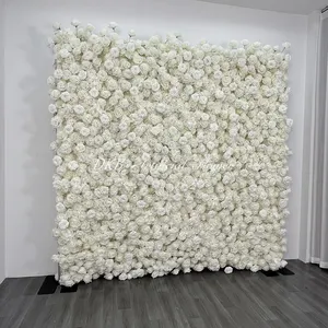 DKB Factory Wholesale 8x8 Flower Wall 3d White Roses Roll Up Ticker Flower Wall For Wedding Home Decor