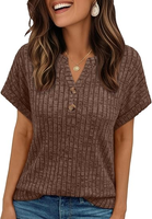 Tunique ample pour femme, col Henley en V, manches courtes, couleur unie, style décontracté chic, idéale printemps-été