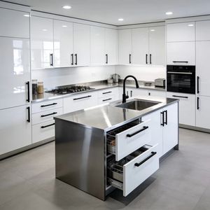 Projet hôtelier américain, ensemble de meubles de cuisine en bois, design moderne modulaire personnalisé, écologique, ignifuge, peinture blanche, 2 ans - Product Image 3