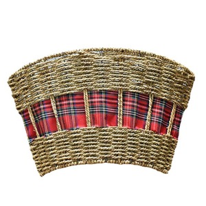 Straw Rope Woven Christmas Tree Skirt With Plaid Trim Handmade Durable Tree Base Decoration - Product Image 5