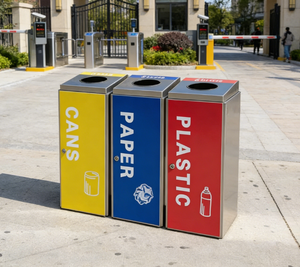 Poubelle <span class=keywords><strong>de</strong></span> tri des déchets à 3 compartiments configurable, jaune et rouge, pour restaurant intérieur, tri triple, avec séparation - Product Image 5