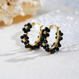 TAYLORFASO 22k Gold Plated Hoop <b>Earrings</b> With Black Crystal Beads Women's Classic Everyday Wear Jewelry - Product Image 3