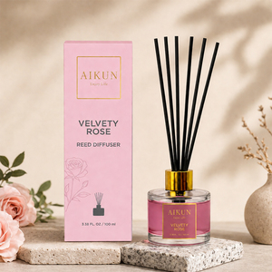 Aikun 100ml Round Glass Sticker Logo Custom Scent Long Lasting Low MOQ Quick Turn Pink Gift Box <b>Reed</b> <b>Diffuser</b> Set for Bedroom - Product Image 1