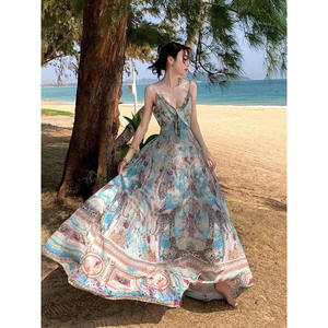 Vestido Bohemio con Tirantes y Cuello en V para Mujer, Largo hasta el Suelo, de Cintura Alta, Falda Acampanada, Transpirable, Floral, de Mezclilla/Crepé, Estilo Lápiz - Product Image 5