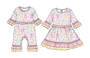 Précommande Robe Enfant Fille à Volants Motifs Lapin de Pâques et Fleurs, Barboteuse Bébé, Vêtements Mignons pour Enfants et Sœurs - Product Image 4