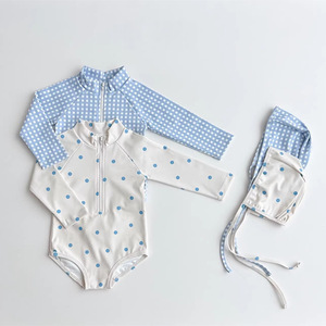Vente en gros personnalisation pull-over coréen imprimé à pois carrés maillot de bain crème solaire pour bébé garçon et fille avec <span class=keywords><strong>bonnet</strong></span> de bain été - Product Image 3