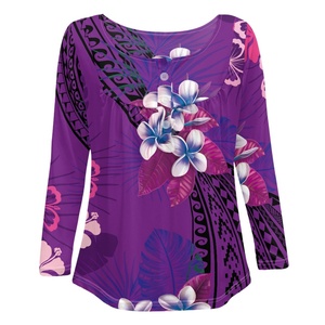 Dễ Thương Cổ Điển Polynesian In Nhu Cầu Hibiscus Loose Top Tùy Chỉnh Thực hiện Fern Nhà Máy Phía Trước Polyester Của Phụ Nữ Dài Tay Áo T-Shirt - Product Image 4