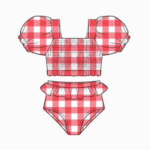 Maillot de bain d'été pour filles, motif quadrillé, manches bouffantes, personnalisable, fourni directement par le fabricant - Product Image 2