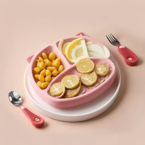 Cat Shaped Silicone Baby Suction Plate Divided Toddler Feeding Plate With Straw Spoon Fork - Product Image 1