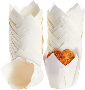 White Tulip Cupcake Liners for Wedding, Birthday Party, Parchment Paper Baking Cups and Muffin Wrappers for Baby Shower