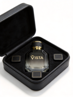 Botella de Perfume Cuadrada de Vidrio de 50 ml Modelo VISTA con Tapa Dorada, Collar de Aluminio, Pulverizador de Bayoneta, Serigrafía, Frascos Vacíos