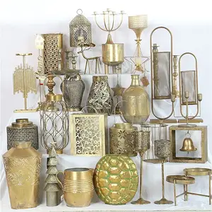 Juego de 3 farol marroquí, linterna antigua, linterna decorativa de Metal dorado para decoración del hogar