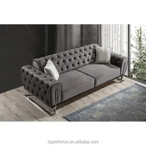 Sofá estofado moderno feito na China estilo Chesterfield, novo design, chaves de couro com metal dourado, sofá para sala de estar, novo design, 2024