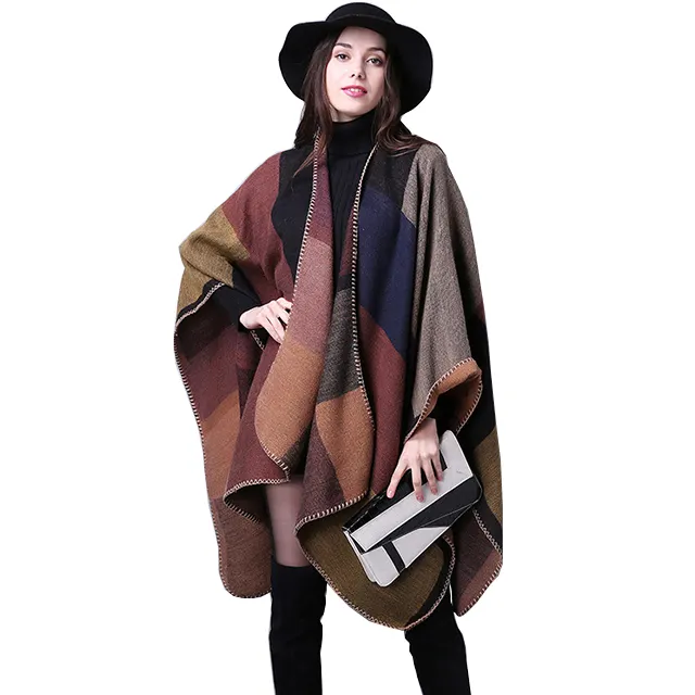 Cardigan Poncho portefeuille Long d'hiver pour femmes, couleurs contrastées, châle, grande taille, Cape, ouvert devant, manteau, pull
