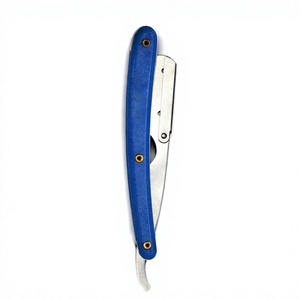 <b>Straight</b> <b>Razor</b> with Blue Plastic Handle Single Blade Stainless Steel for Barber Shop Use on Body Face Bikini Areas - Product Image 1