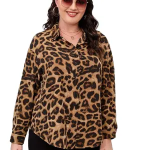 Elegant 2024 Women's Casual Blouse Leopard Print Long Sleeve Button Up Lapel Collar Shirt Top Plus Size