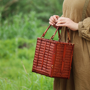 Handmade Bamboo Woven Bag Japanese Zen Style Women's Tote Eco Friendly Casual Beach Bag 3L Capacity Two Handles - Product Image 4