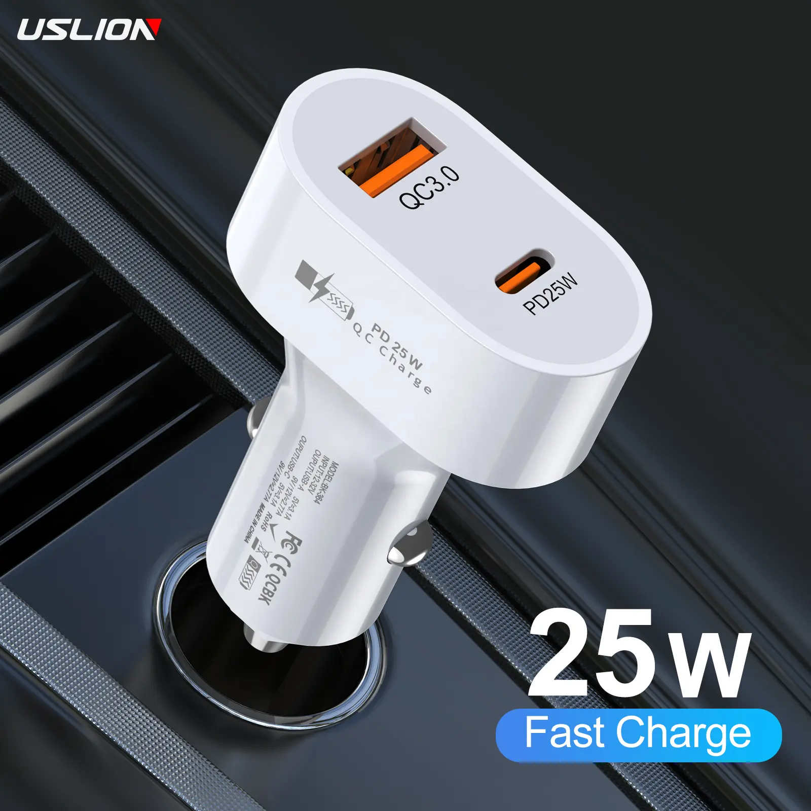 USLION OEM LOGO 25W PD + USB Car Charger Dual Ports Electric Car Phone Charger Fast Charging For Samsung Xiaomi