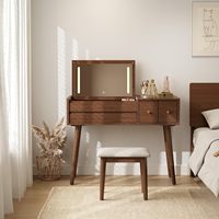 Bureau de maquillage en noyer avec miroir LED rabattable et pieds évasés, table de maquillage et bureau d'ordinateur 2-en-1 avec 3 tiroirs pour chambre à coucher