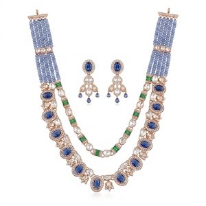 Luxury Blue Stone Layered <b>Necklace</b> Rose Gold Bridal Jewelry with Earrings for Wedding Party Wear Jewelry Luxury Style - Product Image 1