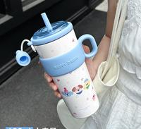 Thermos portable en acier inoxydable 304 grande capacité, isolé sous vide, pour café et thé, avec paille double usage, design bohème et dessin animé