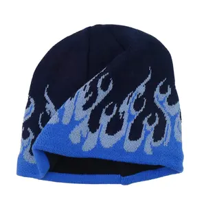 Bonnets à flammes personnalisés en gros Bonnets de sport en tricot jacquard avec logo personnalisé partout Bonnets à tuque sans manchette Vente en gros unisexe