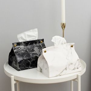 wholesale custom logo waterproof pu tissuebox cover holder dining table napkin box snap closure marble leather tissue paper box