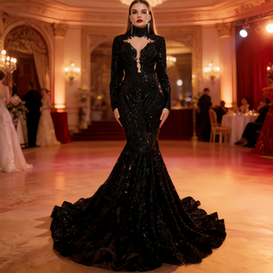 فستان زفاف حورية البحر مقاس كبير |   فستان طويل بخصر مرتفع بألوان متعددة مع أكمام طويلة أنيقة للمناسبات والاحتفالات - Product Image 4