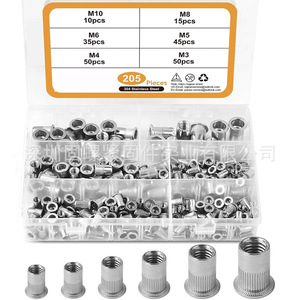 304 Stainless Steel Rivet Nut Set 205pcs Metric Thread Inserts M3 M4 M5 M6 M8 M10 Flat Head Vertical Stripe Screw Cap Box - Product Image 1