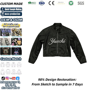 Chaqueta de Motociclista Retro Personalizada para Hombre, con Logotipo Cursivo de Pedrería, Cuello Alto, Hombros Acolchados, Bolsillo con Cremallera, Estilo Y2K - Product Image 1