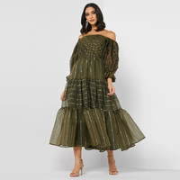Oem Personnalisé Islamique Dubaï Haute Couture Moyen-Orient Robe Maxi Longue Transparente à Imprimé Rayé et Épaules Dénudées pour Femme Arabe