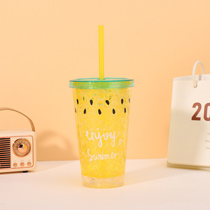 450ml Enjoy Summer Slogan Watermelon Seed Pattern <b>Plastic</b> Tumbler Double Wall Design with Colored Lid Straw Cute Summer Fruit - Product Image 1