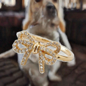 Bague Nœud Papillon Ouverte Ajustable en Laiton Plaqué Or avec Zircon Cubique Pavé, Bijou Créatif et Adorable, Idéal pour les Occasions Festives - Product Image 3