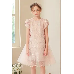 Big Bows European Style Children Clothing Girls Wedding Dress Kids Short Sleeves Shiny Birthday Party Tulle Dresses For Girls